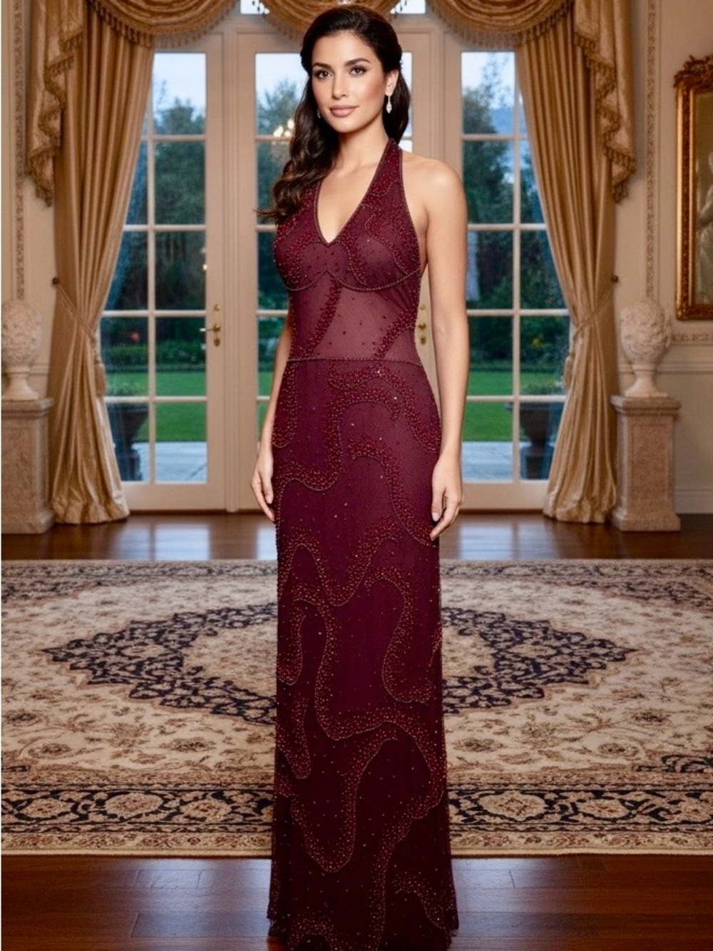 Elegant Sleeveless hand Beaded‎ Evening Gown - Burgundy